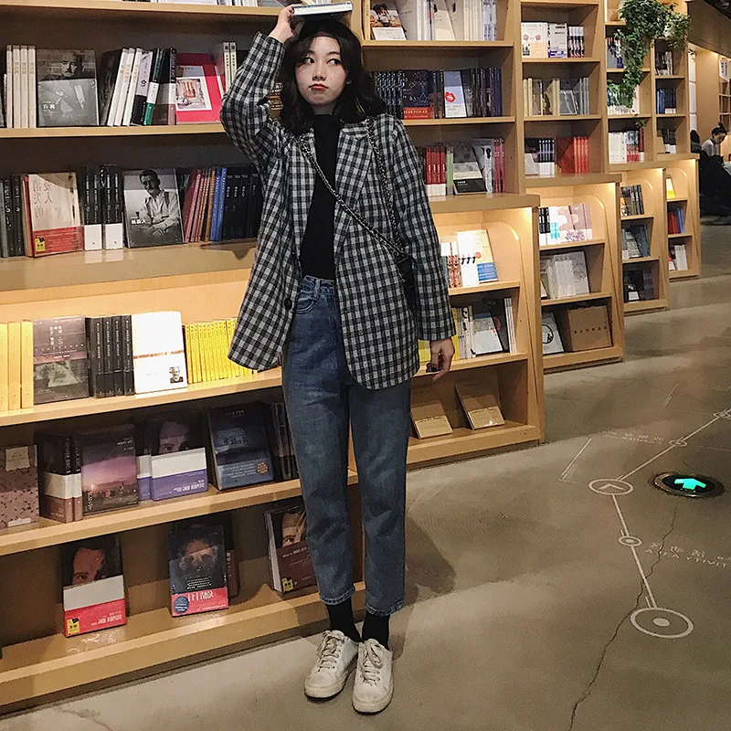 

2019 Spring And Autumn New Style Online Celebrity Casual Retro Plaid Suit Korean-style Loose-Fit CHIC Small Suit Short Coat Wome