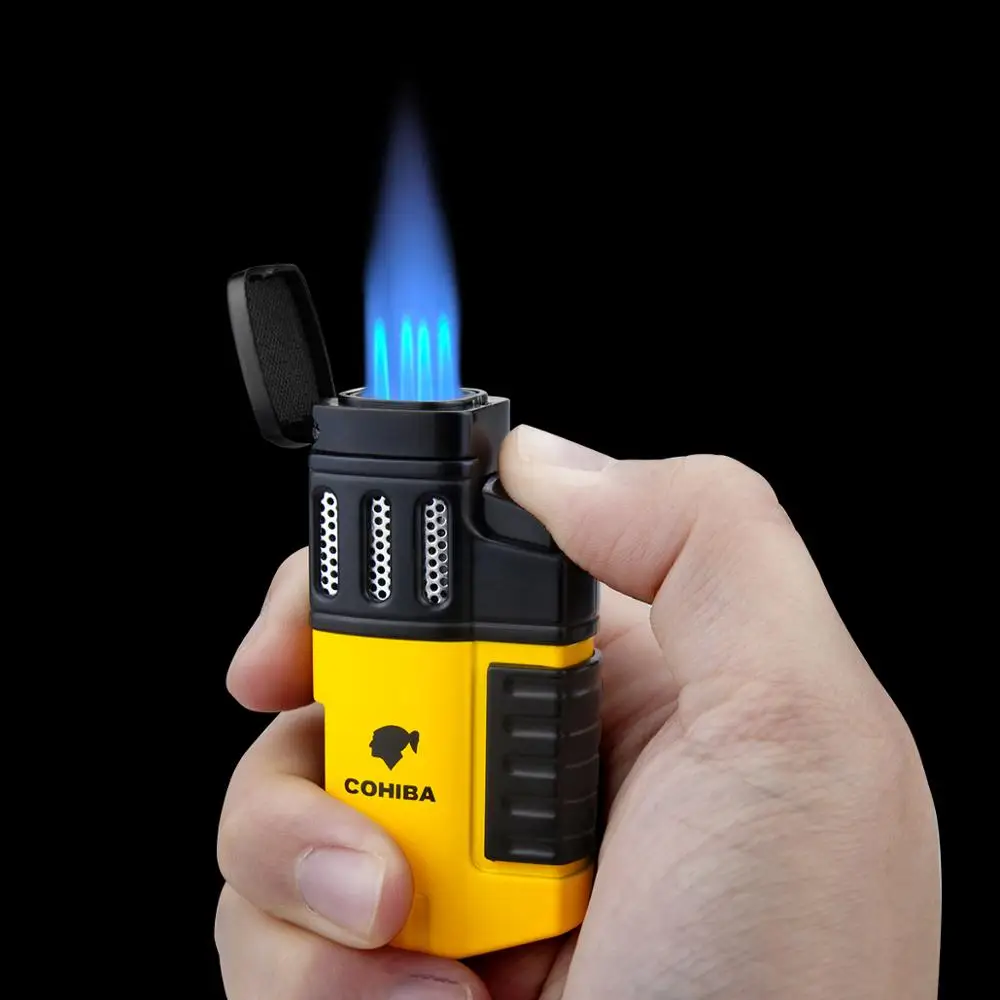 COHIBA-linterna de cigarro Mechero con 4 soplete de llama tipo soplete recargable, accesorios para fumar, herramienta portátil para fumar