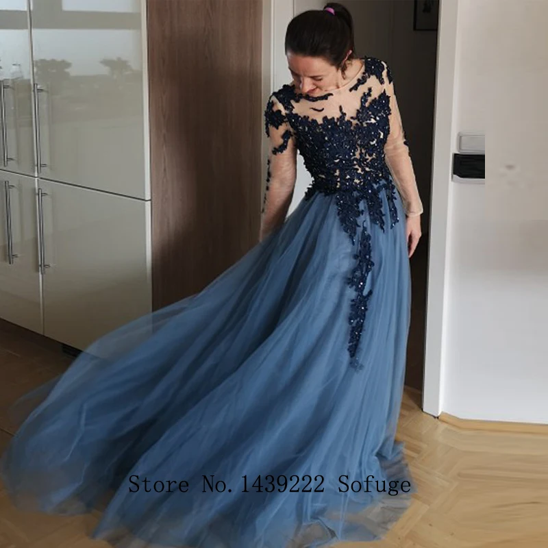 Navy Blue Scoop Aline Evening Dresses Prom Long Sleeves Pleat Beads Vestidos De Fiesta De Noche Robe De Soiree - Цвет: Тёмно-синий