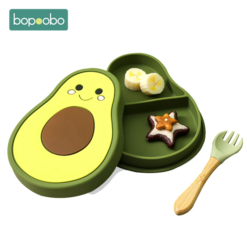 

Bopoobo Baby Bowls Plates Fork Silicone Suction Feeding Food Tableware Cute Avocado Children's Dishes Food Feeding Bowl for Kids