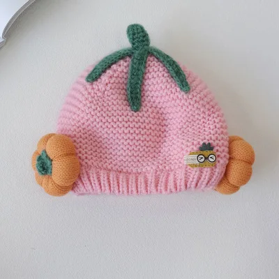 light pink Зимняя утолщенная вязаная шапка с тыквой для детей 1-4 лет, милая модная шапка для девочек, уличная шапка с ушками - Цвет: light pink