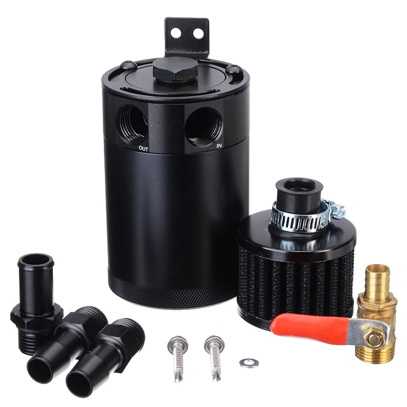 Universal 1set Racing Baffled 2 Port Oil Catch Can Tank Air Oil Separator Black Accessories With Breather Air Filter Drain Valve