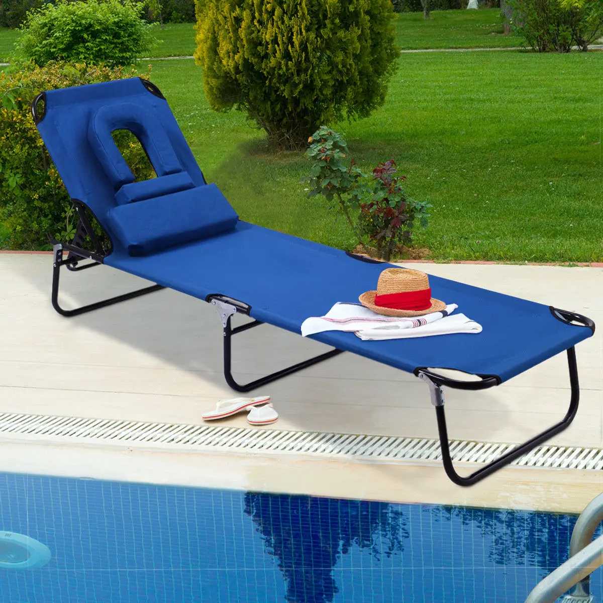 Foldable Lounge Chair Lawn Chaise Lightweight Camping Recliner Patio Chair Blue 