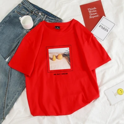 red Пастельные цвета женская летняя футболка Harajuku с лимонным принтом Kawaii Корейская футболка Топы полный хлопок короткий рукав женская одежда футболки - Цвет: red