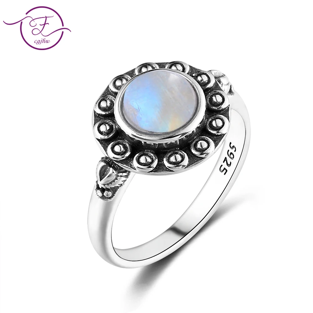 925 Silver Ring Round 7MM Natural Moonstone and Natural Purple Dragon Crystal Retro Heart Ring Engagement Wedding Party Gift