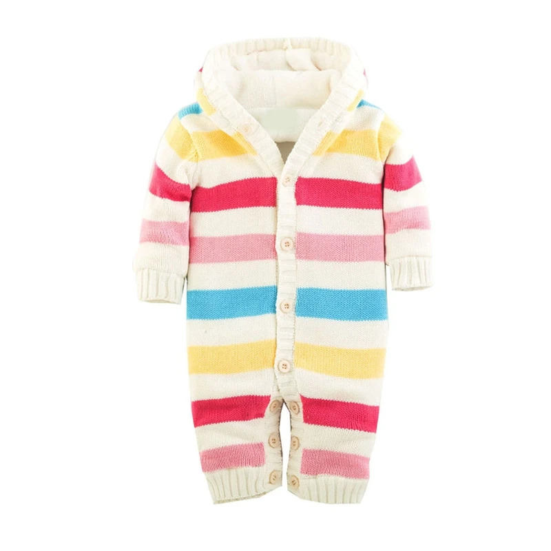 Kids Baby Boys Girls Sweater Jumpsuit Knit Crochet Hooded Coat Infant Children Winter Striped Brushed Thick Warm Outwear Clothes