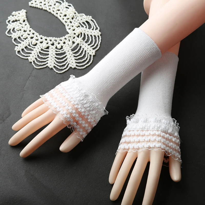 

Women Ribbed Knitted Arm Warmers Ruffles Lace Patchwork Horn Cuffs Fake Sleeves Solid Color Stretchy Fingerless Gloves