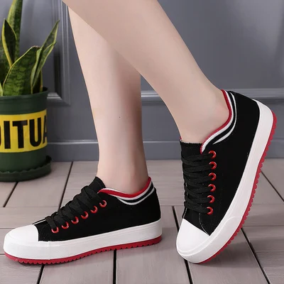 Женские кроссовки; парусиновая обувь на плоской подошве; белые туфли на шнуровке; женские кроссовки; классические повседневные кроссовки; Красные кроссовки; женская Вулканизированная обувь - Цвет: Черный