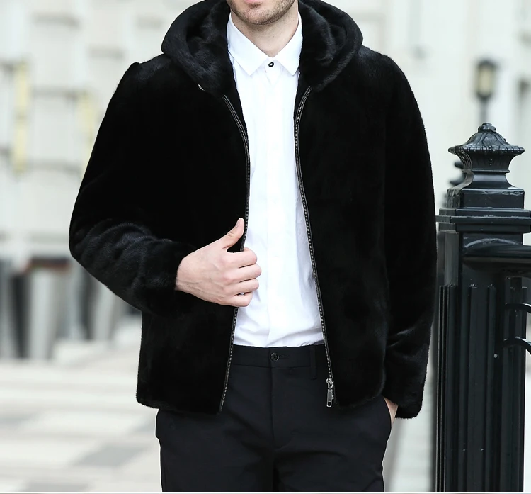 Настоящая мужская норковая шуба с капюшоном зимняя теплая полностью из кожи и меха классическая черная Роскошная Толстая мужская куртка