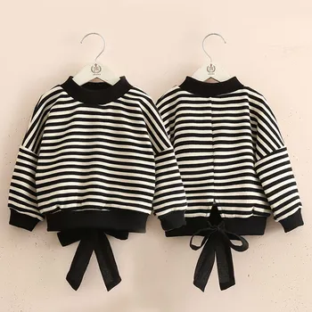 

2020 Autumn Spring 3 4 6 8 10 12 Years Children O-Neck Knitted Pullover Cotton White Black Striped Sweater For Kids Baby Girls