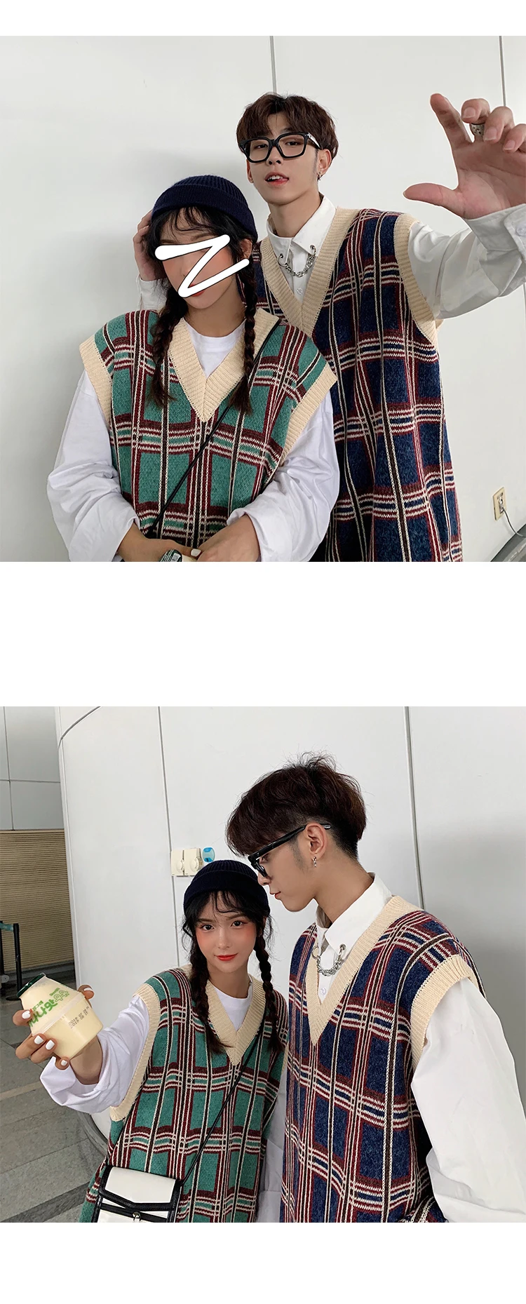 Privathinker Couple Autumn Plaid Pullovers Top Clothes Men Woman Knitted Fashion Vests Lady Sleeveless V-Neck Sweater Vests