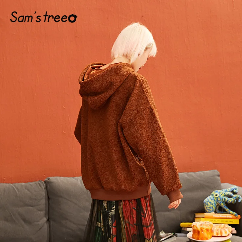 SAM'S TREE Solid Teddy Lazy Letter Embroidery Hoodies Sweatshirt Women Autumn Straight Long Sleeve Casual Female Daily Tops