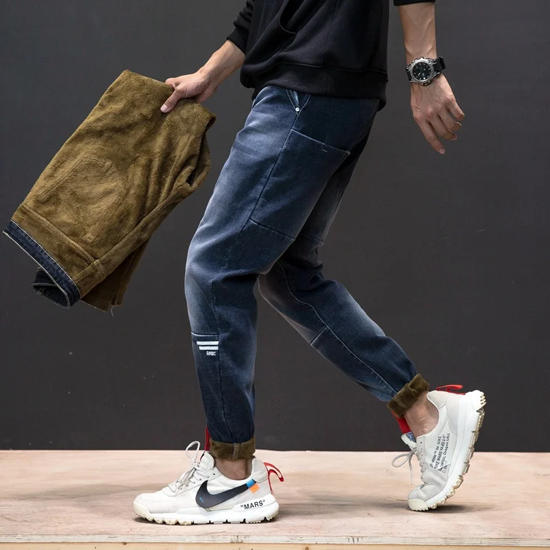 Зимние новые большие размеры модные деловые плюс бархатные плотные мужские джинсы повседневные Высококачественные свободные прямые шаровары