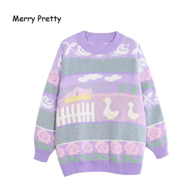 

MERRY PRETTY Cartoon Duck Embroidery Knitted Sweaters 2019 Winter Thick Warm Harajuku Jacquard Sweater Women Femmf Knit Pullover