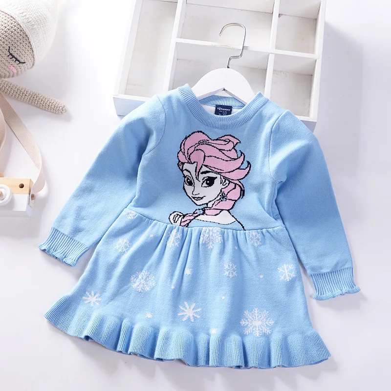 Синий хлопковый свитер принцессы для девочек; платье; сезон зима-весна-осень; Детские платья; детская одежда с милым рисунком Эльзы