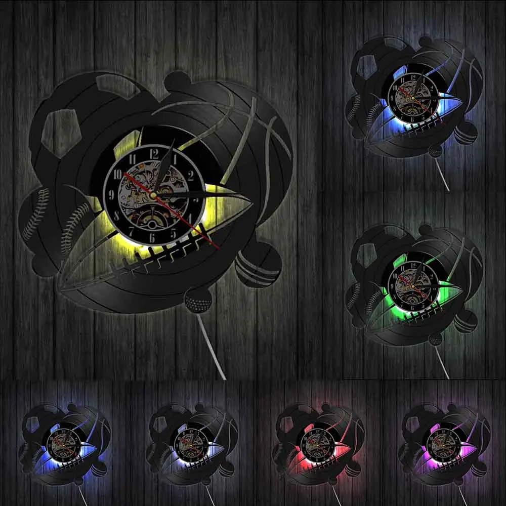 With LED Спортивные шары комбо настенные часы домашний Декор Футбол Баскетбол Гольф Бейсбол мяч для гольфа Винтаж Виниловая пластинка настенные часы спортивный подарок - Цвет: With LED