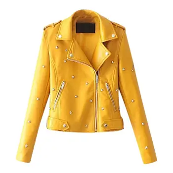 

Autumn Winter Jackets Womens Casual Solid Color Lapel Zipper Long Sleeve Rivet Leather Jacket Coat Streetwear