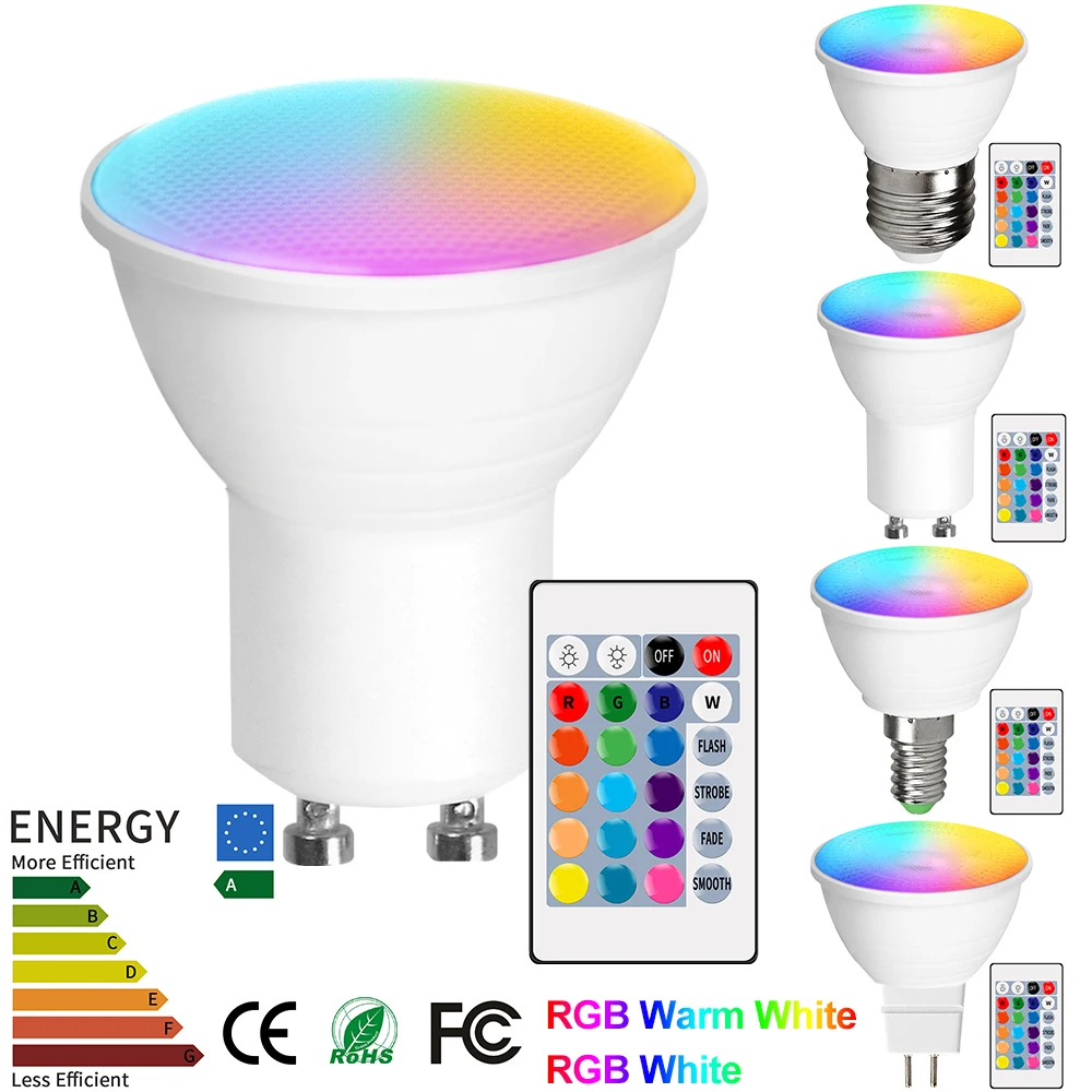 

E14 RGB LED Bulbs Remote Control Smart Spotlight Bulbs AC85-265V Dimmable 16 Color Night Lamp E26 E27 GU10 MR16 Home Party Decor