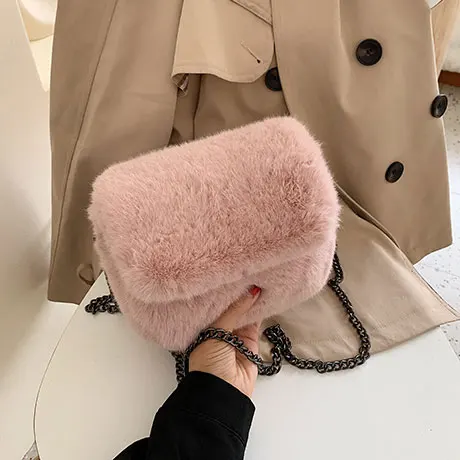 Pink Элегантный женский манжет квадратная сумка Зимняя Новая высококачественная мягкая плюшевая женская дизайнерская сумка с цепочкой на плечо сумка-мессенджер - Цвет: Pink