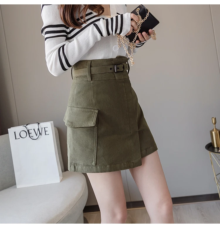 Trytree Autumn Women Casual Empire Short Skirt 5 Colour A-line Fashion Elegant Pockets Button Belt Mini Office Lady Short Skirt