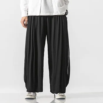 

Outono inverno lado fenda splice perna larga calças casuais masculino streetwear hip hop solto harem calças kongfu saia calça