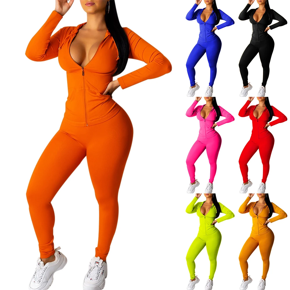 Conjunto de dos piezas de otoño para mujer, Chaquetas deportivas de manga larga con capucha y bolsillos con cremallera, leggings a juego, conjuntos elásticos de entrenamiento