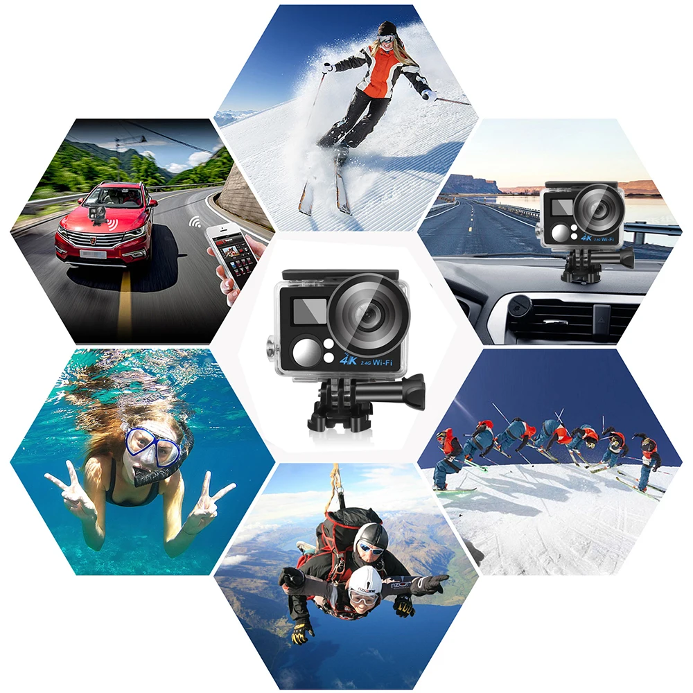 Kebidumei New 4K Action Camera WIFI 2.0" Screen HD Mini Waterproof Sports DV Camera with Remote Control for Swimming Surfing