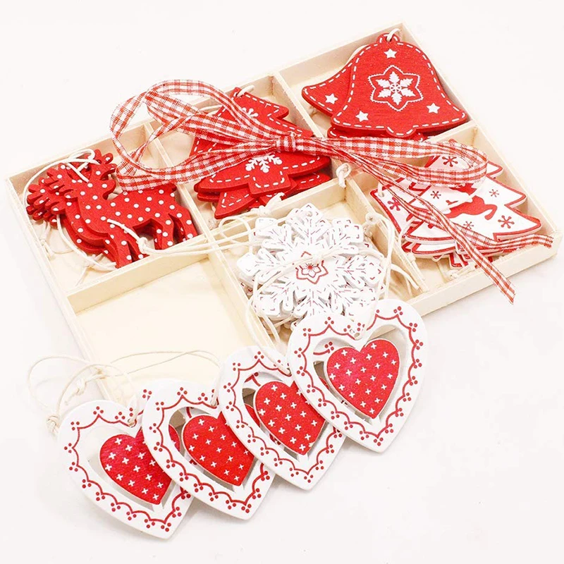 Christmas Tree Decoration Pendants 6 Grid Wooden Box+24 Pendants Set Xmas Home Decor Crafts Wood Chips Props Decoration Supplies