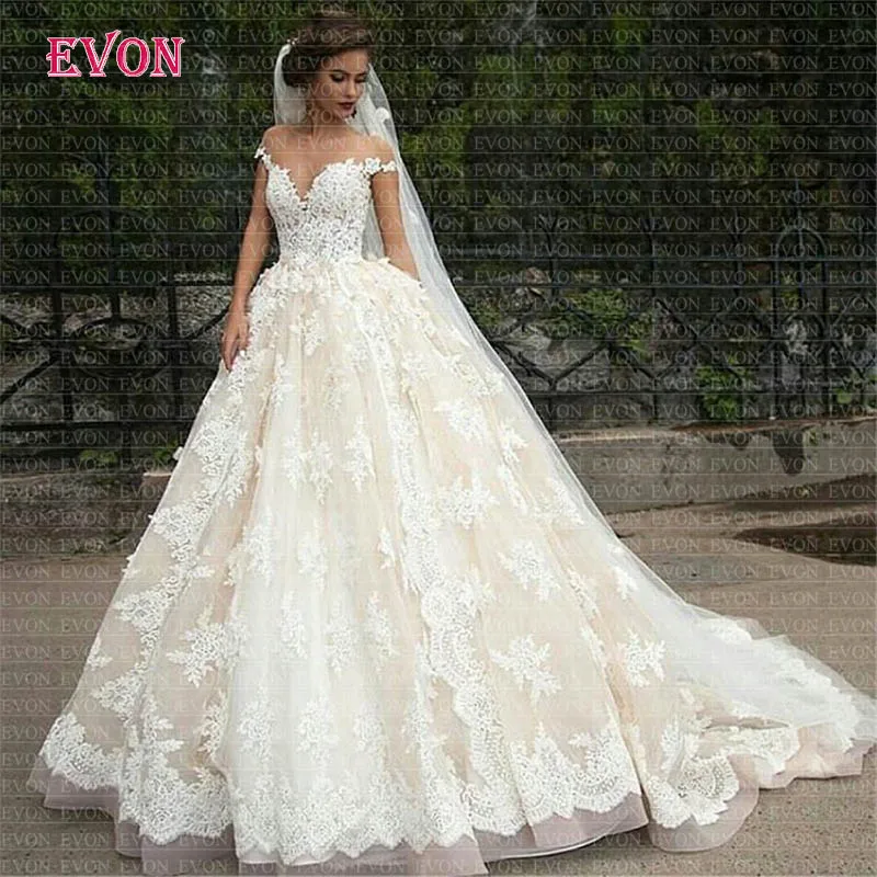 Robe De Mariee Роскошные кружевные бальные Свадебные платья принцессы Элегантный головной убор рукава совок Пуговицы Свадебные платья Vestido De Noiva