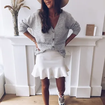 

Coats Jackets Women Autumn Button Solid Color Fashion Hollow Lace Stitching Cardigan Long Sleeve Casual Warm Loose Jackets Tops