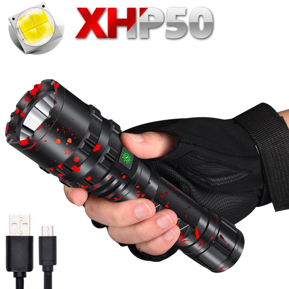 

Portable LED Rechargeable Flashlight USB Light 5 Modes Night Lamp XHP50.2 Emergency Camping Lights Waterproof 6000K for Hiking