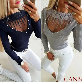 

Fashion Women Knit Tops Hollow Out V Neck Lace Pearl Trim Patchwork Sweater Spring Autumn Slim Fit Long Sleeve Sexy Pullover