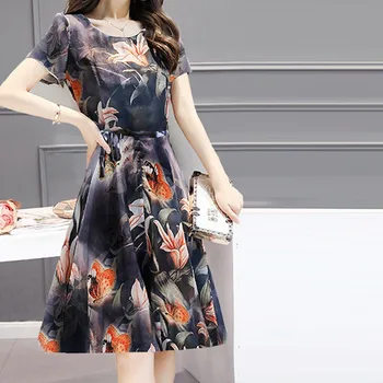 

A-line Flower Printing Women Dress Korean Style Knee-Length Summer Elegant Dress with Sashes Short Sleeve 3xl Chic Dress #33