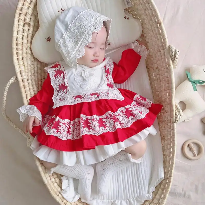 

Autumn Girls Spanish Dresses Toddler Lolita Red Lace Ball Gowns Infant Birthday Outfits Spain Baby Clothes Girl Baptism Frocks