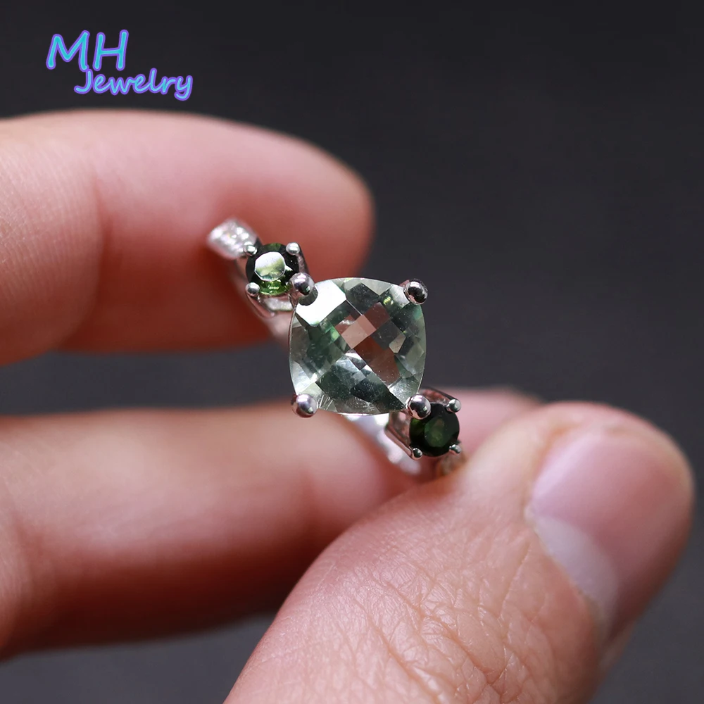 

MH jewelry Natural green amethyst and natural tourmaline Gemstone Ring 925 Sterling Silver Fine Jewelry for lady engagement gift