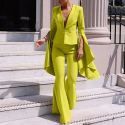 2021 calças femininas flare ternos com decote em v cores sólidas casual escritório blazer conjunto moda irregular babados manga blazer conjunto de duas peças