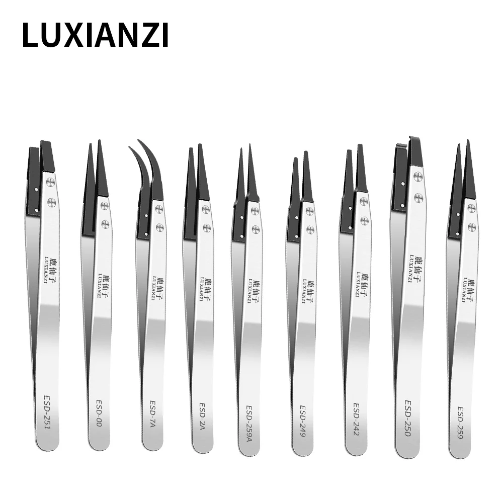 

LUXIANZI 9Pcs Anti-static ESD Stainless Steel Tweezers SMD Phone Repair Hand Tool Precision Forceps Curved Straight Tweezer