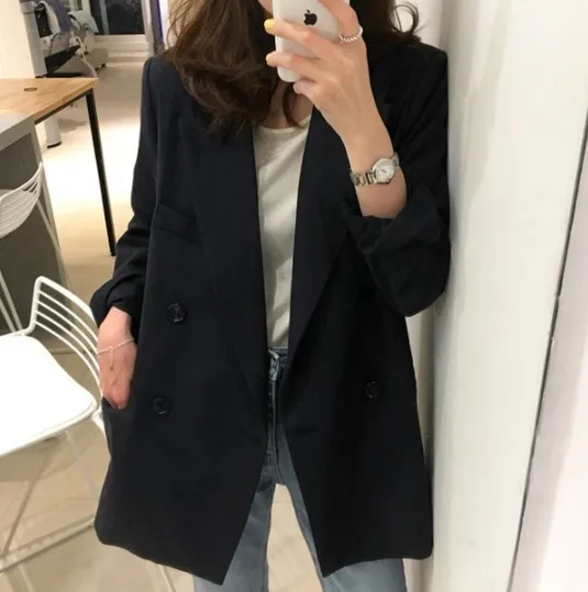

2019 New Autumn Korean-style Black And White with Pattern Small Suit Mid-length Business Loose-Fit Leisure Suit Coat Foreign Tra