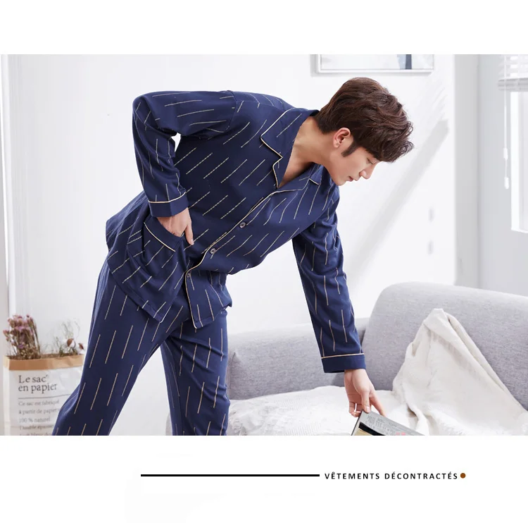 Casual Striped Cardigan Homewear Cotton Pajamas Sets For Men Autumn Winter Long Sleeve Pyjama Male Lounge Home Clothes