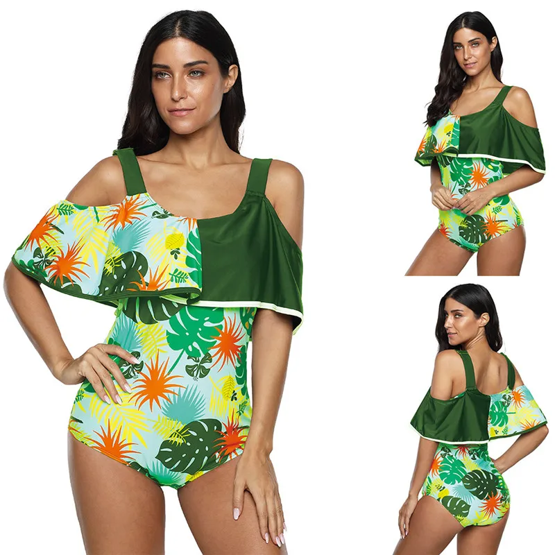 

Tropical Leaf Swimsuit One-Piece Women Boho Monokini Ruffle Bathing Suits 2020 Girl Beach Swimwear Plus Size Print Swim 4xl 5xl