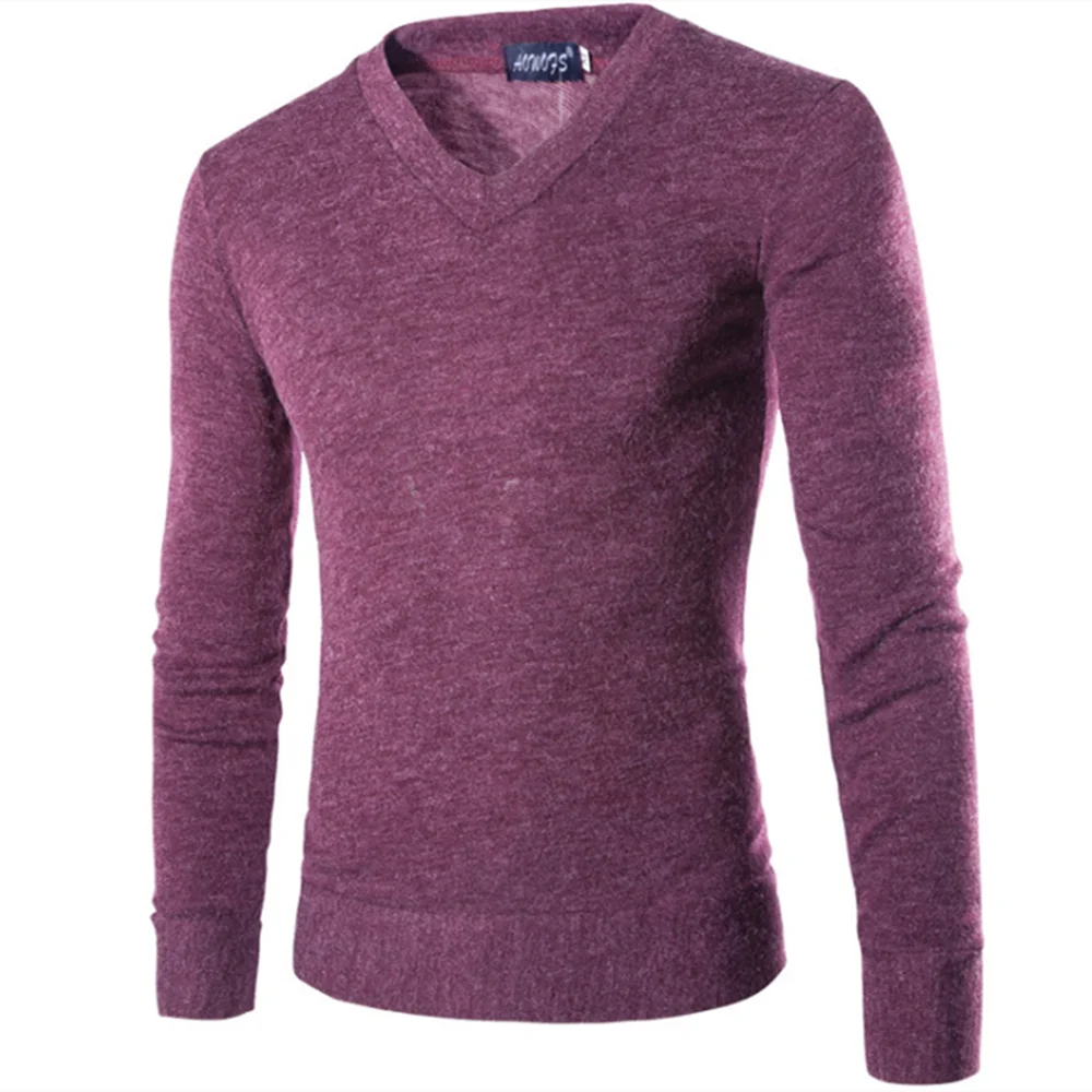 Модный мужской свитер, весна-осень, длинный рукав, VNeck, вязаная рубашка для мужчин, повседневная, мягкая, одноцветная, Мужская одежда, облегающий пуловер
