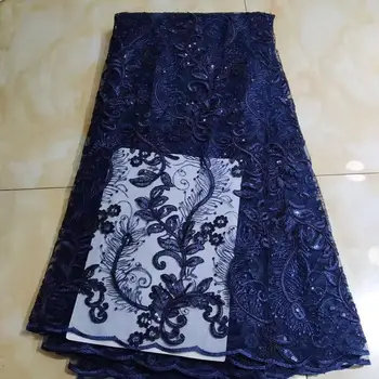 

New Royal blue gold sequins lace fabric print fabric pleated chiffon 2020 women nigerian lace fabric 5 yards wedding party dress