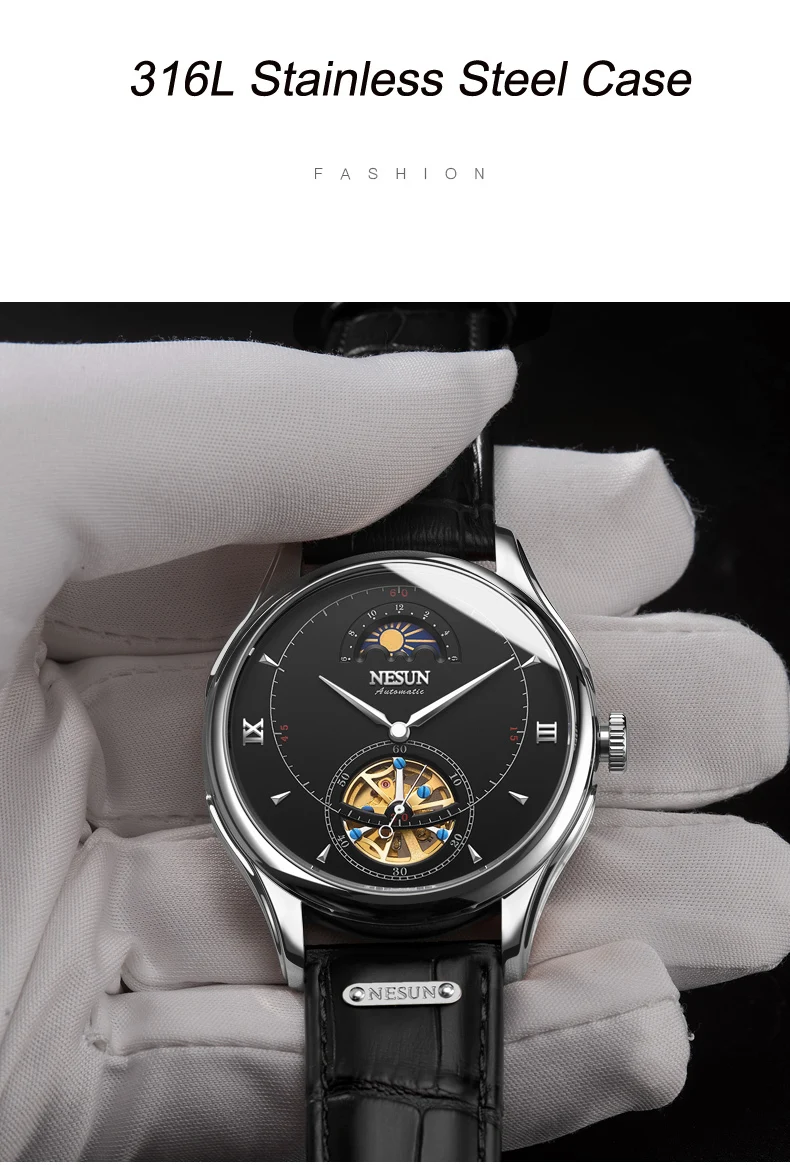 Автоматические механические часы, швейцарские NESUN Tourbillon, мужские часы, люксовый бренд, часы со скелетом, сапфир, Montre Homme N9038