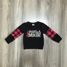 Merry Christmas/осенне-зимняя хлопковая эксклюзивная футболка в черно-красную клетку для маленьких девочек, одежда с длинными рукавами