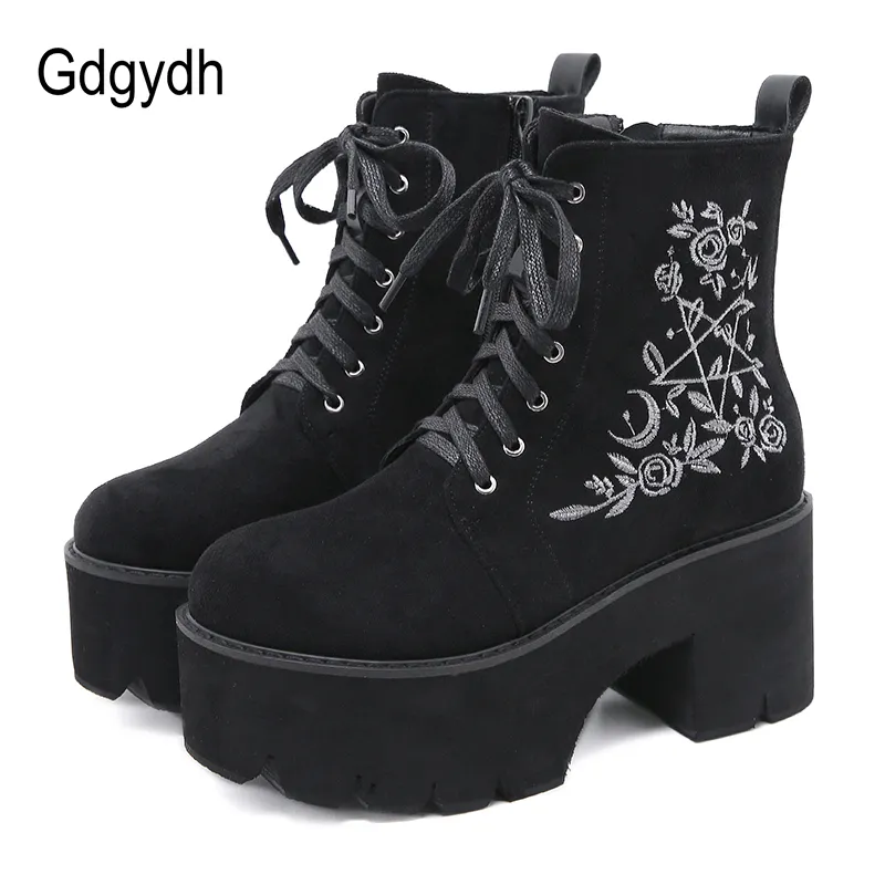 Gdgydh Fashion Flower Platform Boots Chunky Punk Suede Leather Womens Gothic Shoes Nightclub Lace Up Back Zipper High Quality