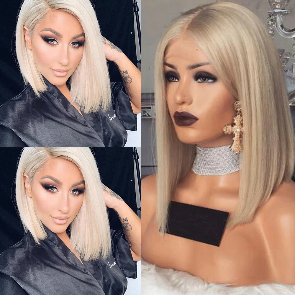 

SimBeauty Platinum Blonde Bob Wig Peruvian Lace Front Human Hair Wigs For Women Remy Hair Straight Pre Plucked Hairline Full End