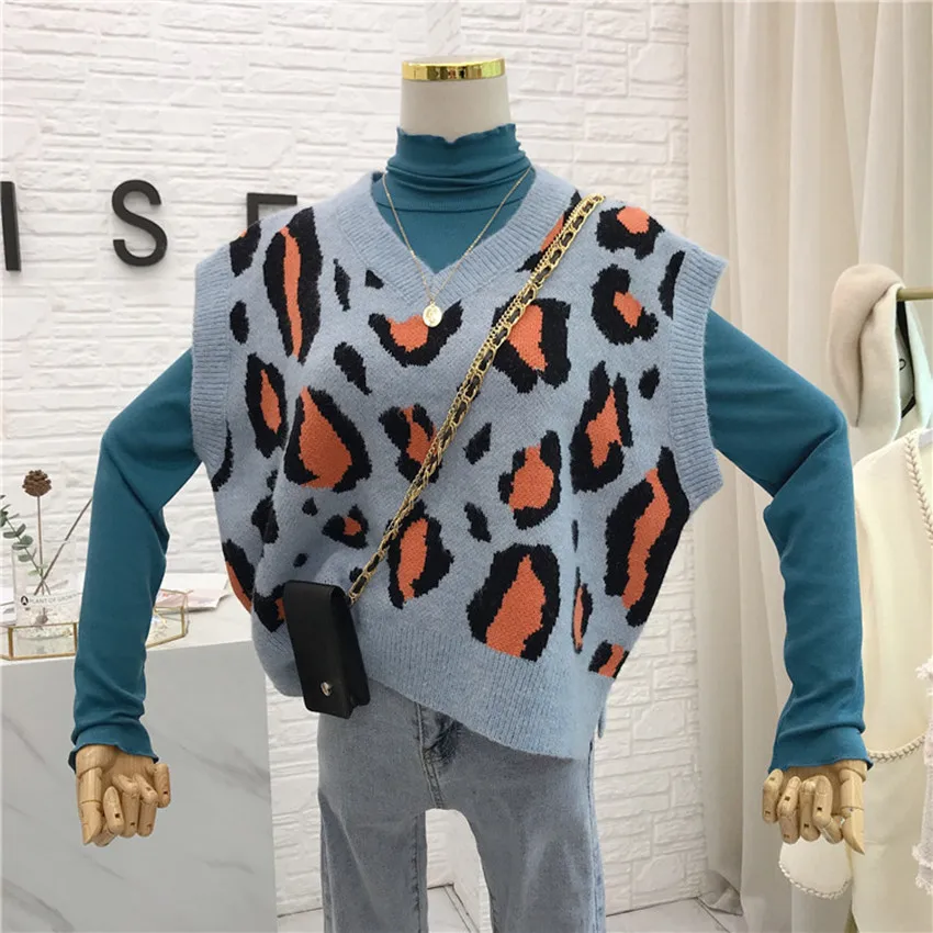 blue vest Зимний вязаный жилет, женский жилет с v-образным вырезом, сексуальный леопардовый винтажный вязаный жилет без рукавов, свитер, пальто, Повседневная Верхняя одежда размера плюс - Цвет: blue vest