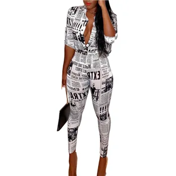 

Women Turn-down Collar Button Up Outfits Newspaper Print Two Piece Sets Blouses Shirts and Pencil Pants Suit Club 2 Piece