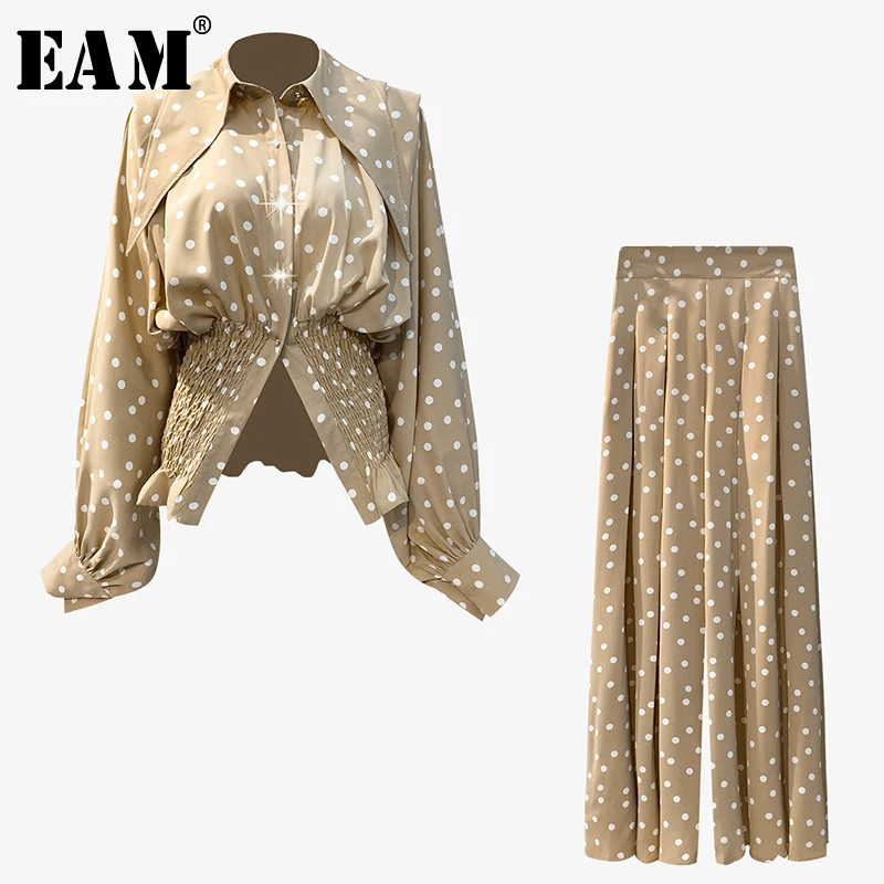 

[EAM] Wide Leg Pants khaki dot ruffles Two Piece Suit New lapel puff Sleeve Loose Fit Women Fashion Spring Autumn 2020 1T322