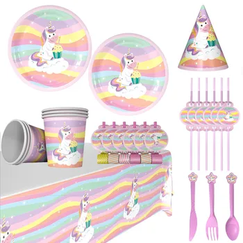 

New Unicorn Theme Party Disposable Tableware Paper Cartoon Plate Cup Napkin Banner Baby Kids Birthday Party Decorations Supplies